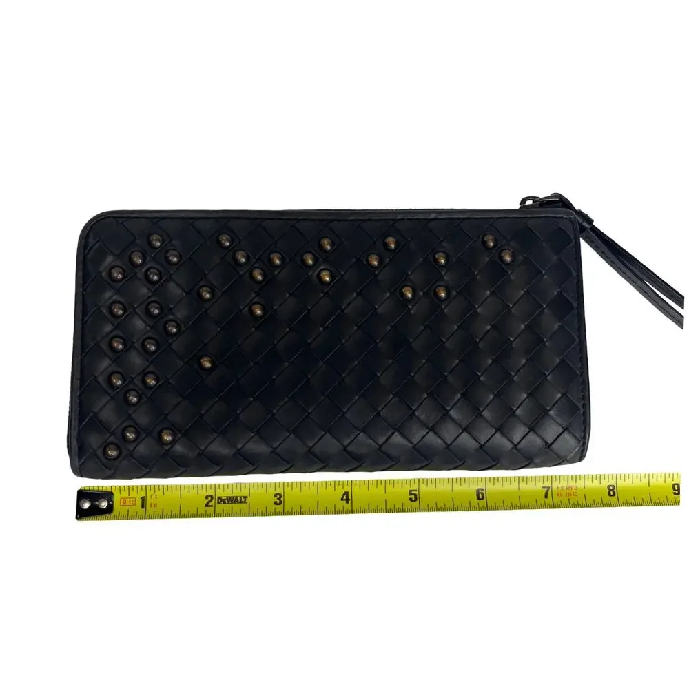 Bottega Veneta Intrecciato Studded Zip Around Wallet Wristlet Black Leather EUC